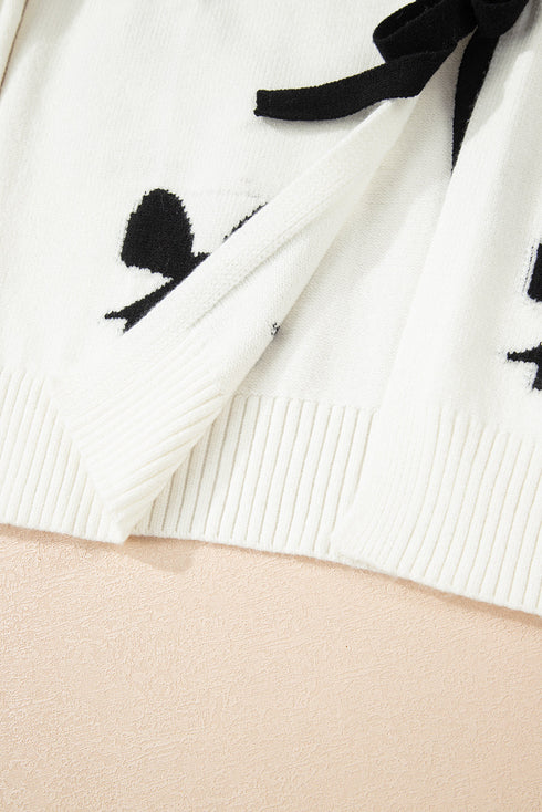 Ribbon Tie Front Bow Jacquard Knit Cardigan